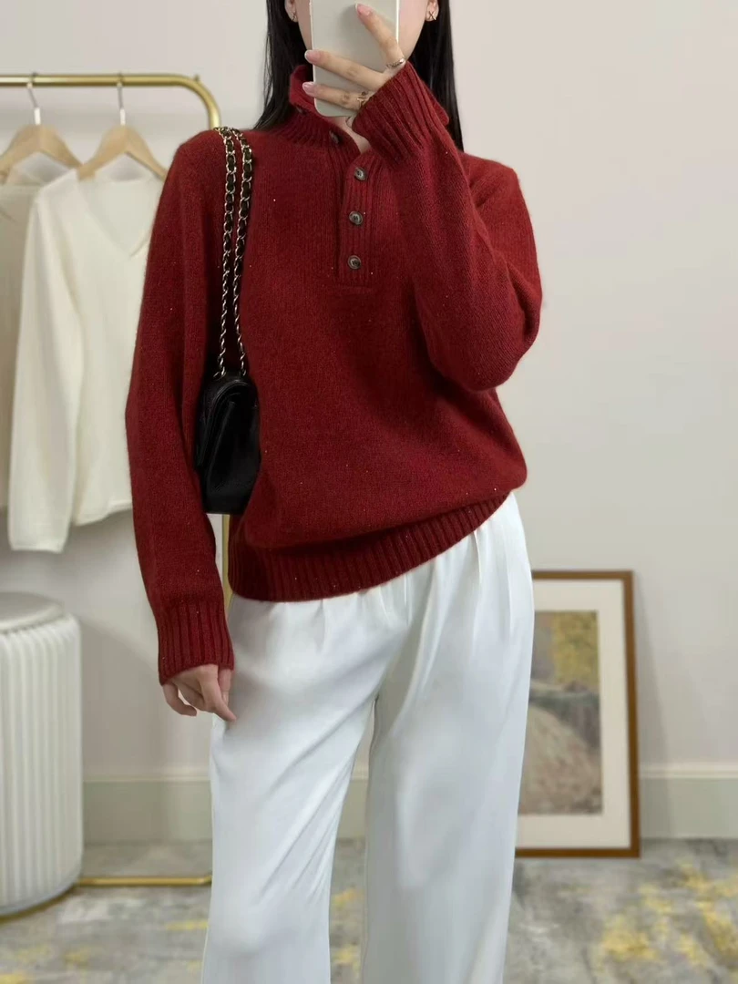 半高领纽扣星空花纱线套头毛衣