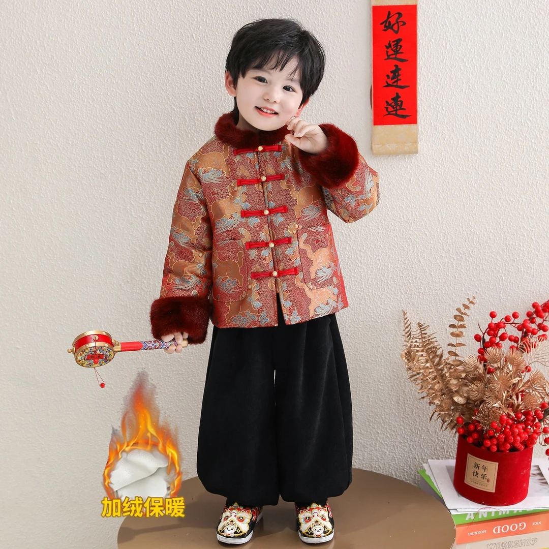 男童拜年服冬季加绒加厚唐装套装儿童装男宝宝新年装中国风两件套