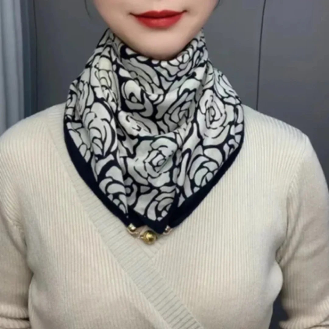 65*65磁吸扣围巾女洋气百搭气质围脖方巾丝巾时尚新款2023韩版