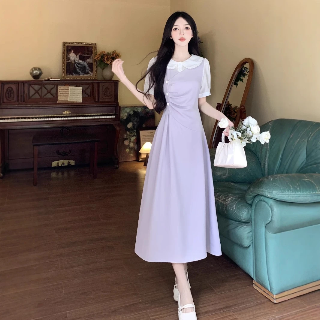 大码胖芋泥奶盖短袖连衣裙2025新款女夏季法式气质收腰显瘦裙子女