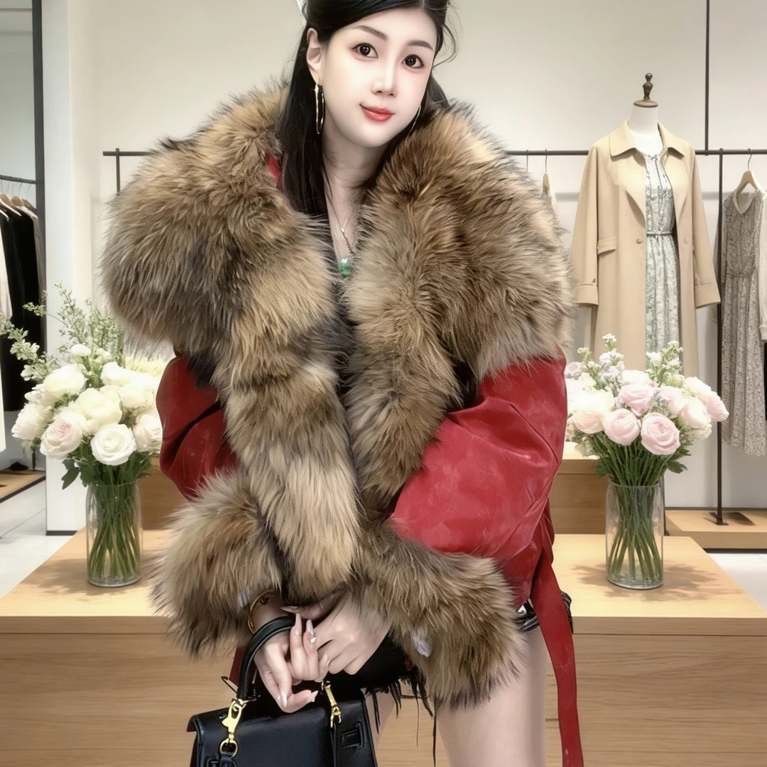 Bikamo/2025宽松型长袖休闲风厚款毛领轻奢皮衣外套p0442