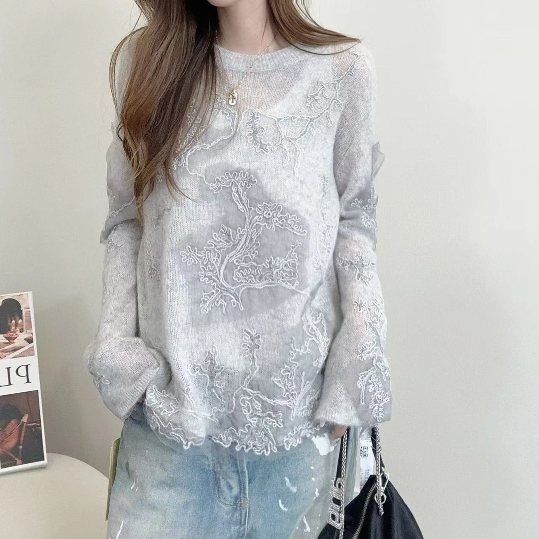 【烟雨江南】100山羊绒-242018双面手工盘绣雾朦蕾丝定制套头衫