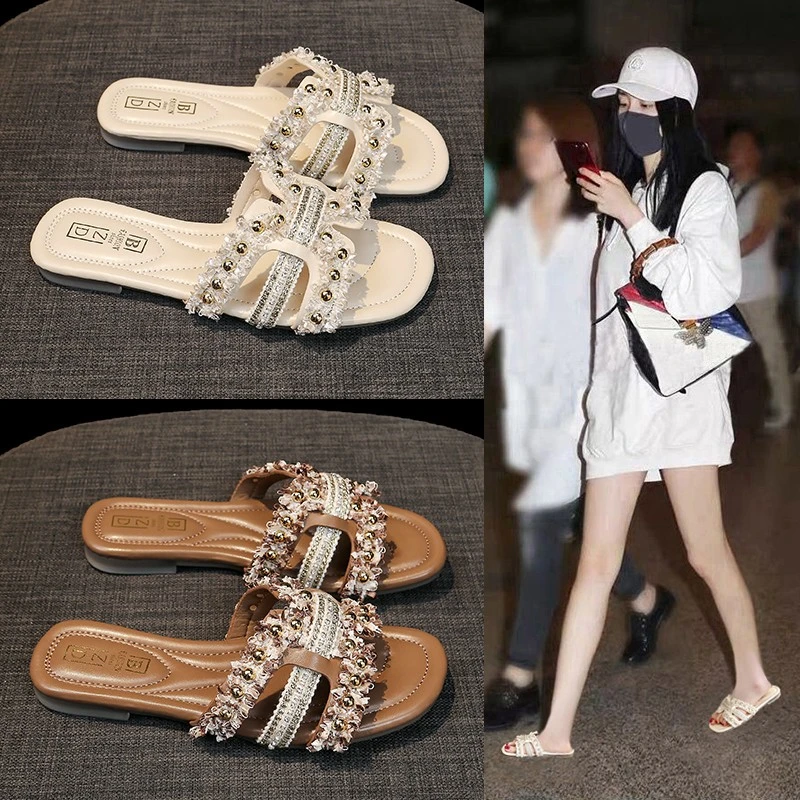 仙女风珍珠拖鞋女夏2025新款外穿气质平底小香风一字凉拖海边度假