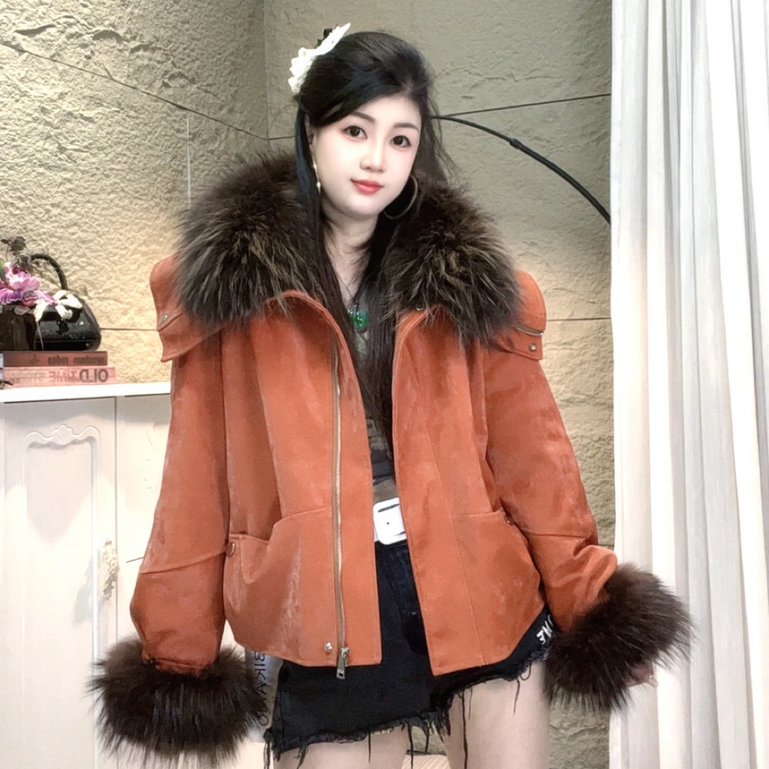 Bikamo/2025宽松型长袖休闲风厚款毛领可拆轻奢皮衣外套p0439