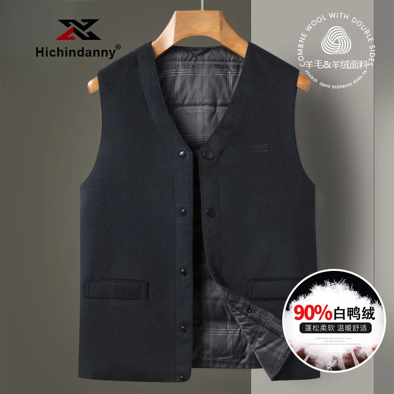 HICHIN羊绒马甲男士秋冬坎肩白鸭绒加厚休闲马夹保暖背心羊毛外套
