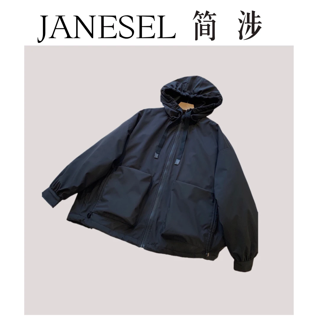 【刘小胖】大气简约 褶皱连帽拉链大口袋宽松保暖长袖风衣薄款棉服