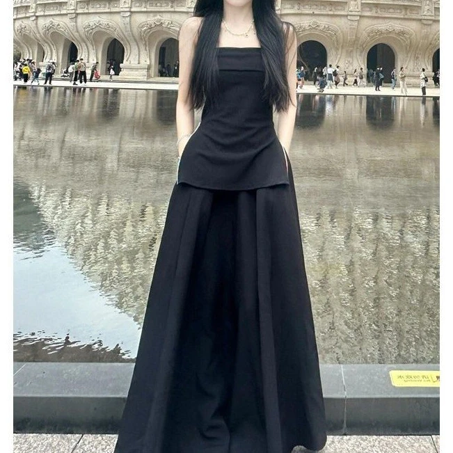 高级感抹胸短款拉链背心上衣女2025夏季高腰纯色长款裤裙两件套装