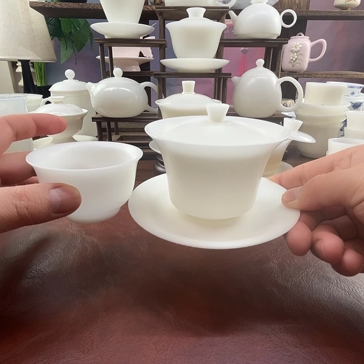 高冰素烧150ml宽口防烫马蹄盖碗送压手主人杯