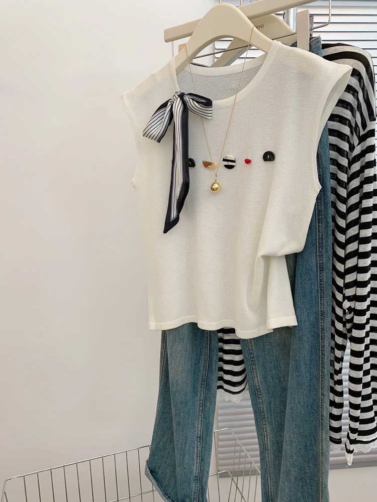 2025夏季新款百搭设计感表情可爱印花丝带无袖背心吊带女圆领上衣