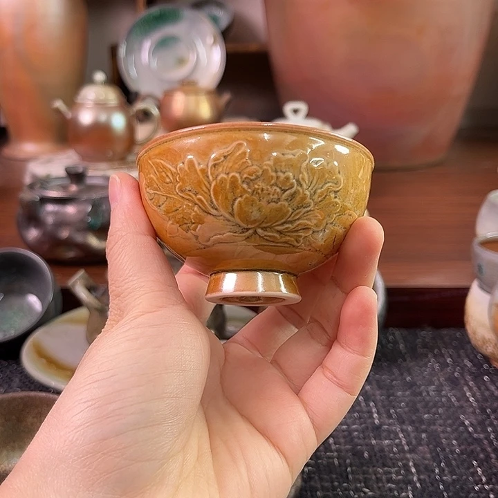 牡丹雕刻主人杯茶杯