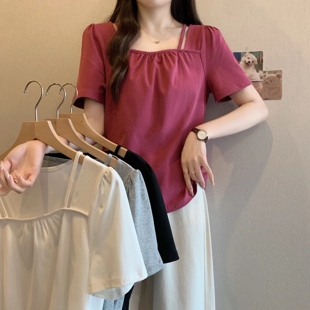 2025夏装新款胖mm大码女方领褶皱短袖t恤设计感正肩显瘦上衣64299