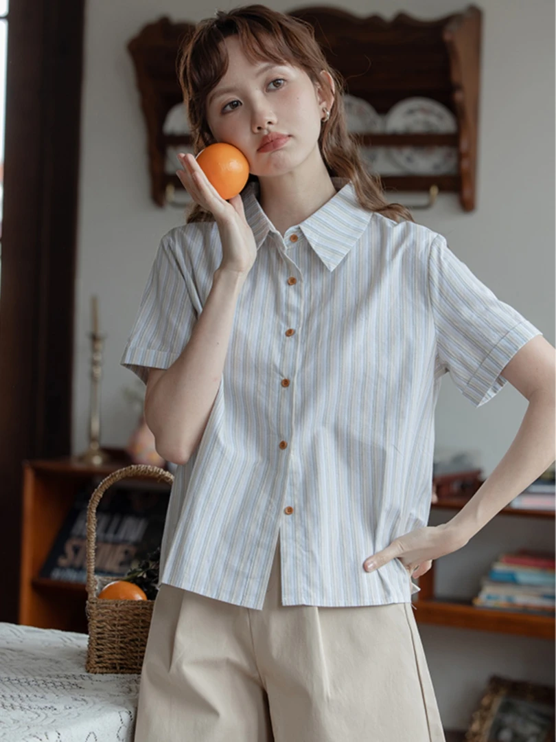 学院风日系条纹短袖衬衫女夏季2025新款设计感小众别致小个子上衣