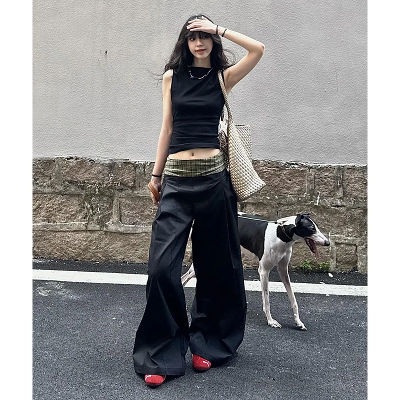 裤长112cm高个子加长绿色格拼接黑色休闲裤女春秋显瘦慵懒阔腿裤