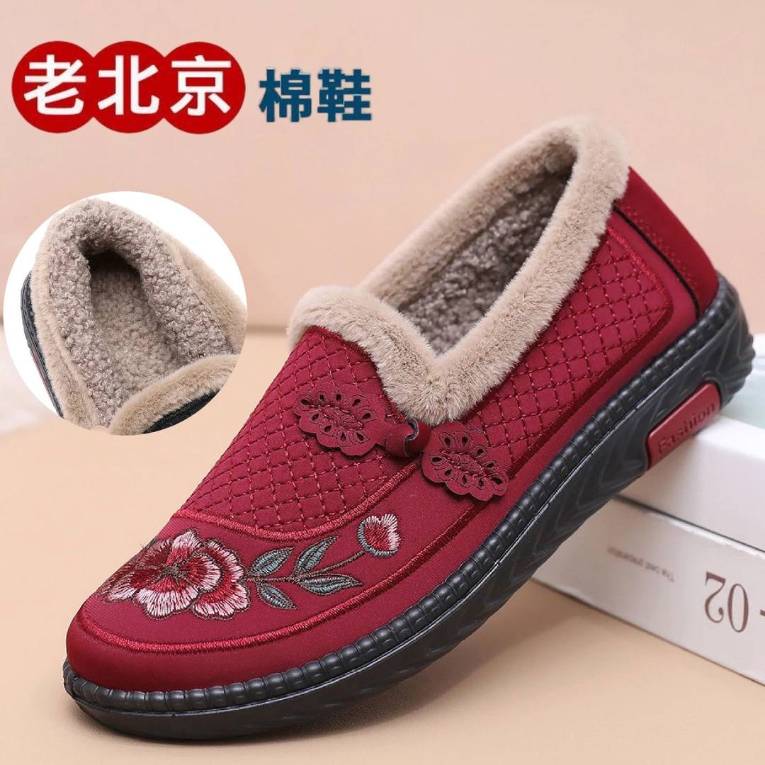 冬季新款老人薄绒二棉女鞋老北京布鞋女棉鞋软底舒适休闲妈妈棉鞋