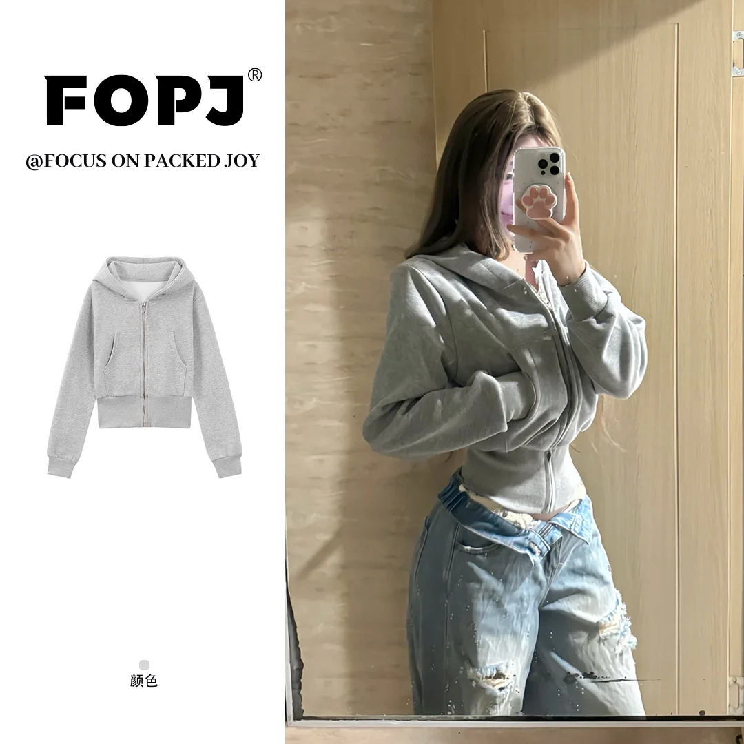 FOPJ早秋灰色系休闲短款连帽衫卫衣女设计感修身显瘦辣妹开衫外套