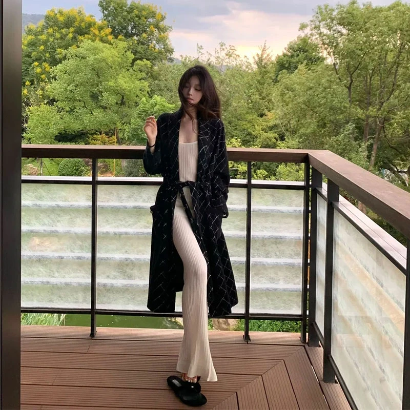 2025秋季新款ins法式名媛风中长款系带针织外套+内搭背心+半身裙