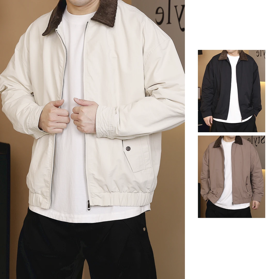 春季新款灯芯绒领拼接纯色工装夹克外套复古宽松老钱风个性男上衣