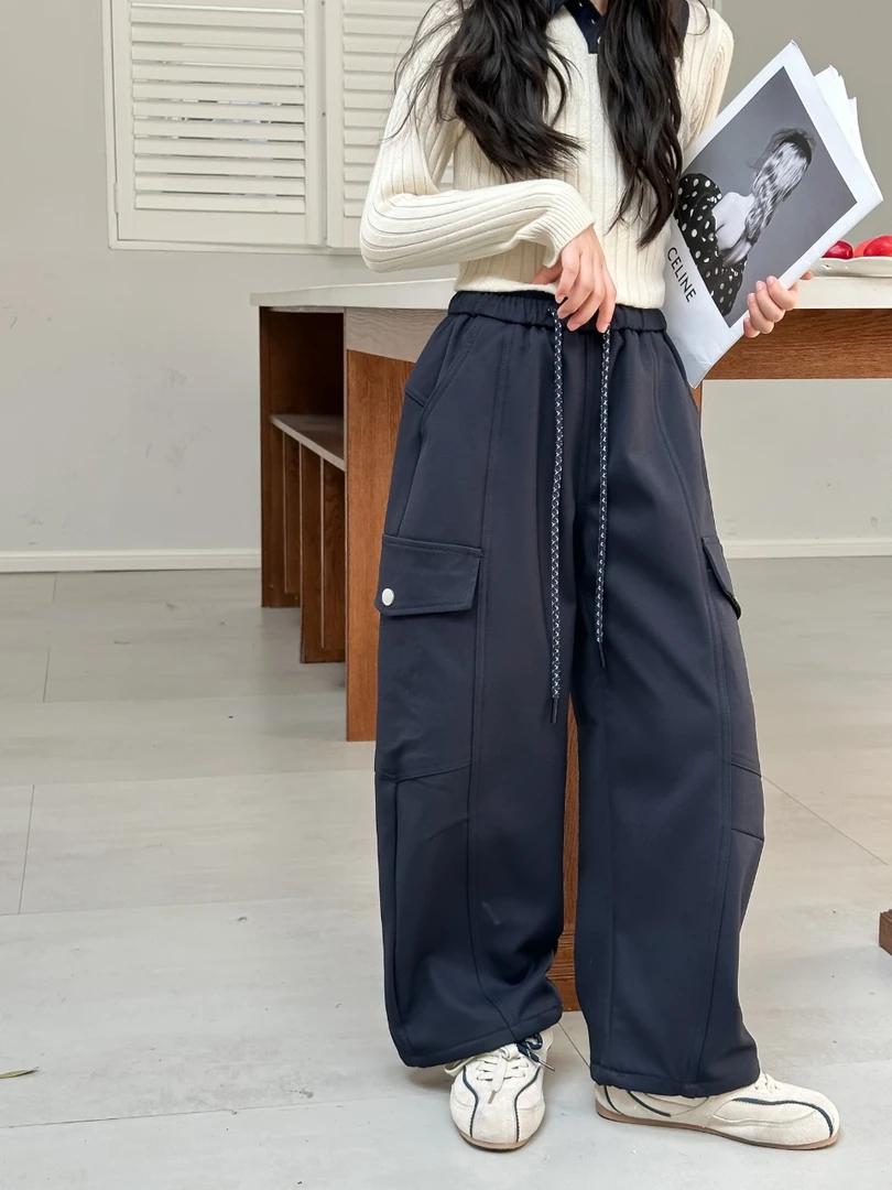 2025童装女大童休闲裤一体绒工装裤 9009
