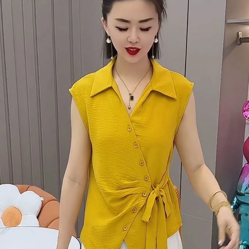 7073大码夏季超好看衬衫洋气新款上衣高级感翻领系带衬衫女