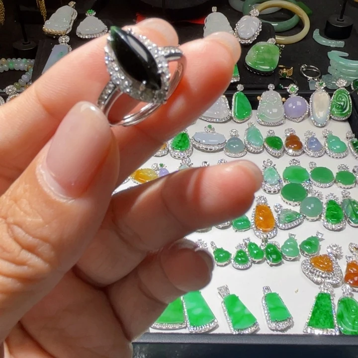 七***七翡翠戒指银S925镶嵌精品