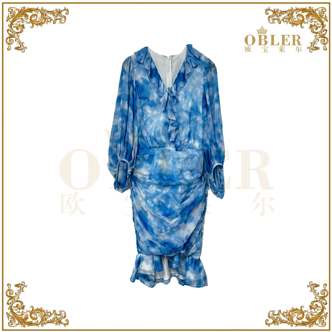 【高高甄选】欧宝莱尔气质时尚桑蚕丝连衣裙蓝色114-23928
