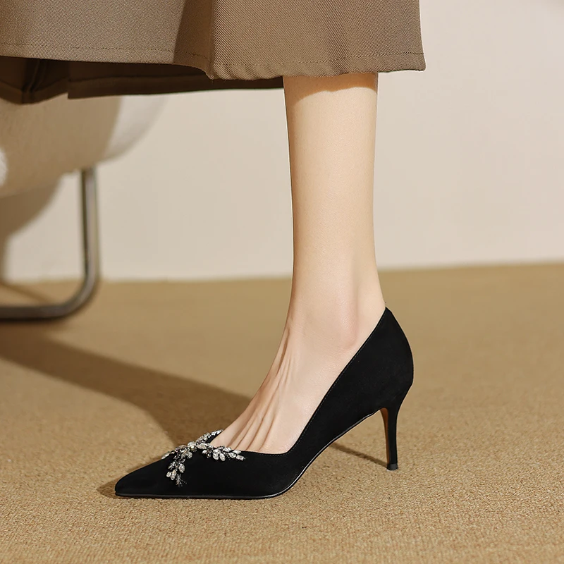 牛皮/7公分 真皮气质高跟鞋女 尖头细跟法式水钻蝴蝶结高跟小跟鞋