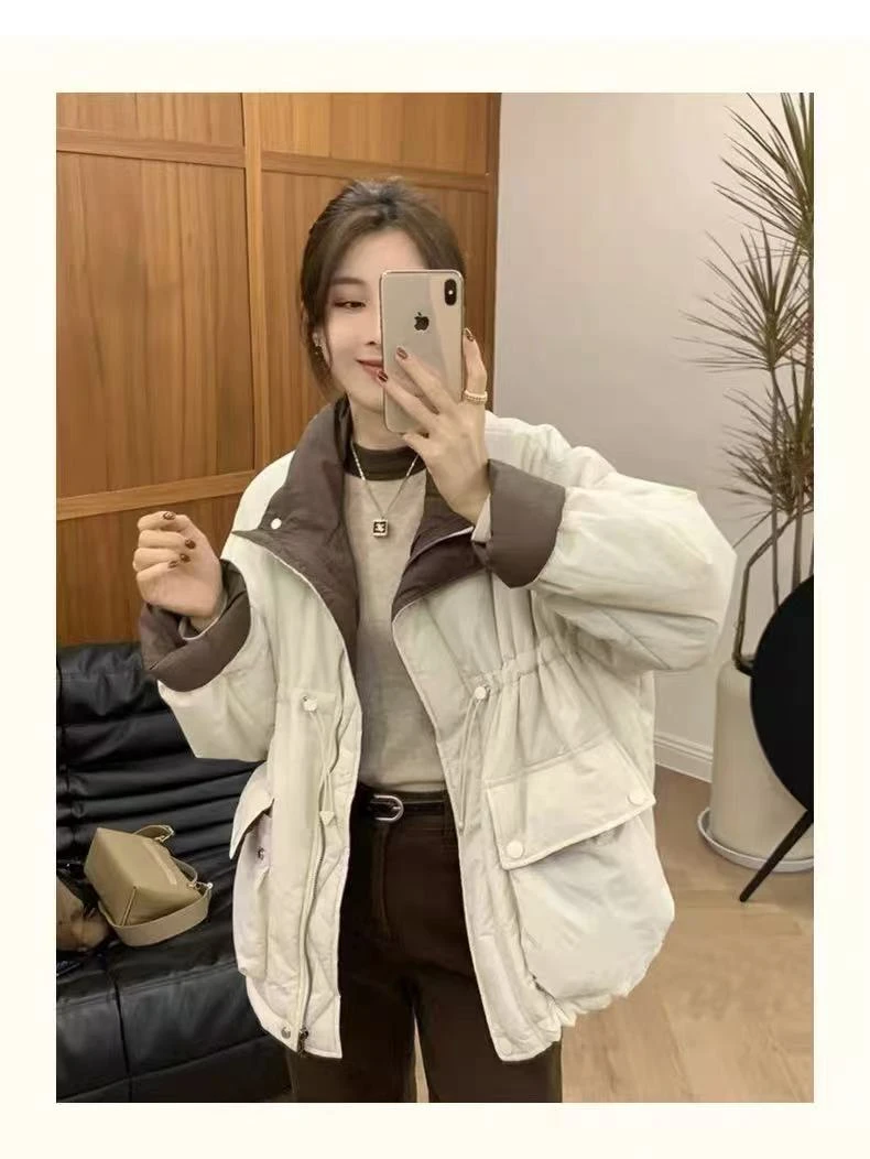 韩版撞色收腰羽绒外套女立领冬季新款宽松显瘦大口袋羽绒服A25