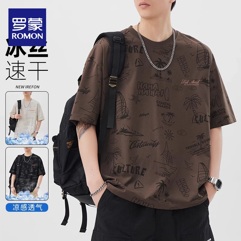 罗蒙短袖T恤男士夏季2025新款潮流百搭宽松印花透气圆领休闲体恤