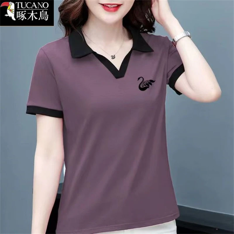啄木鸟翻领短袖运动风夏季遮肚T恤2025年新款印花中年时尚上衣女