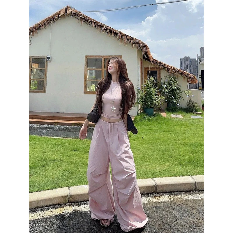 夏季2025小众网红穿搭慵懒风修身显瘦T恤短袖上衣休闲宽松长裤女