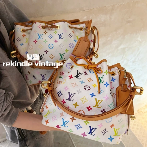 95新 LouisVuitton/路易威登 复燃精选/白三彩抽绳水桶单肩包05年