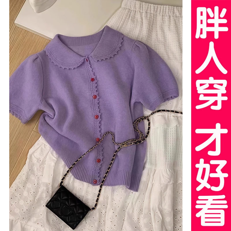 夏季新款设计感娃娃领薄款针织衫上衣大码宽松显瘦时尚短袖t恤女