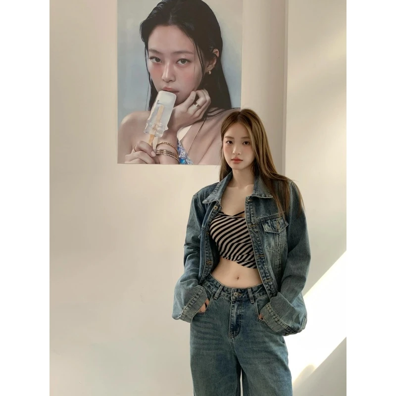 美式辣妹复古套装宽松做旧长袖外套女秋季百搭显瘦牛仔长裤两件套