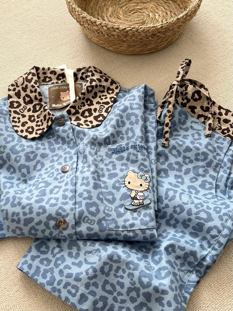 ins韩系Hello Kitty豹纹短袖睡衣女夏季短袖短裤网红风家居服套装
