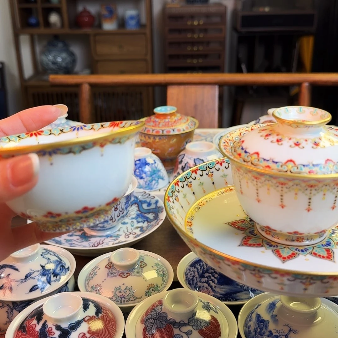 杯难*重工珐琅彩三件套盖碗加杯子加壶乘