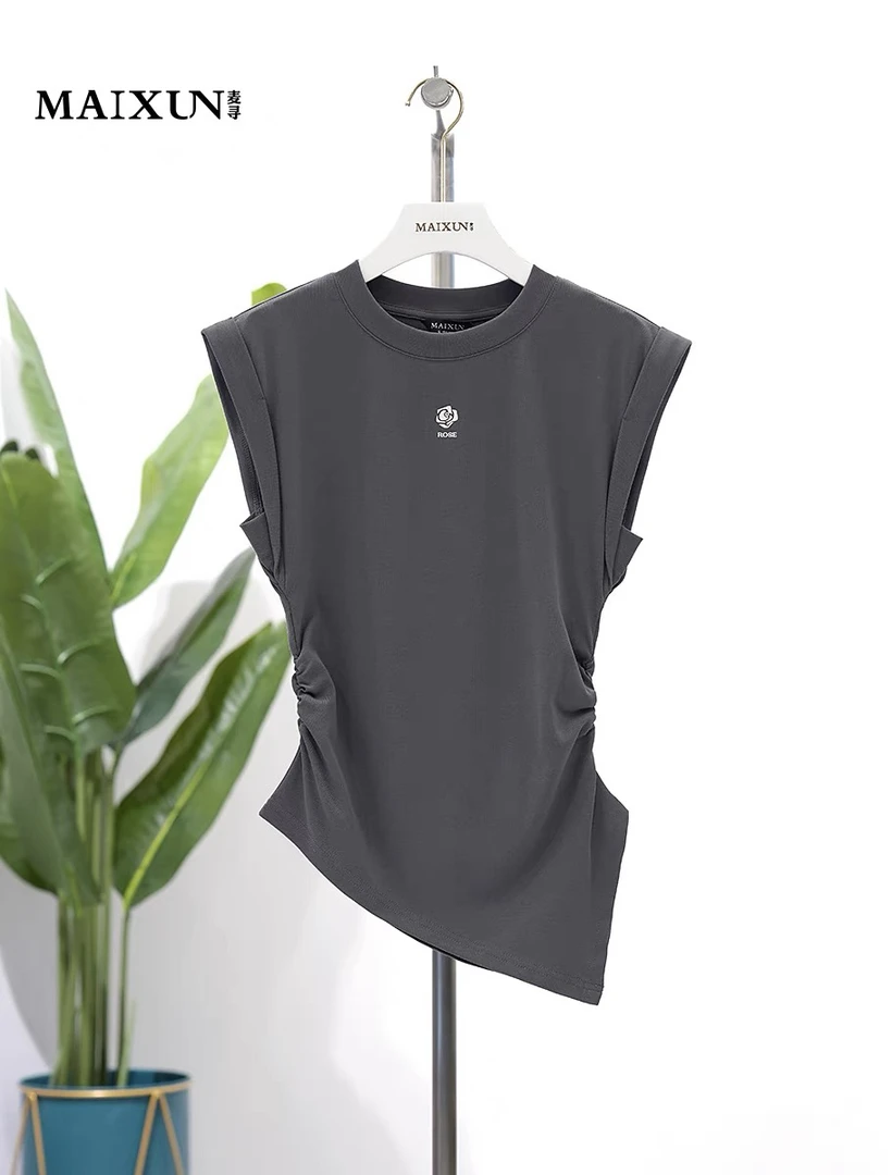 麦寻夏季新款TXSDS03A深灰色飞袖T恤时尚潮流休闲百搭设计显瘦女