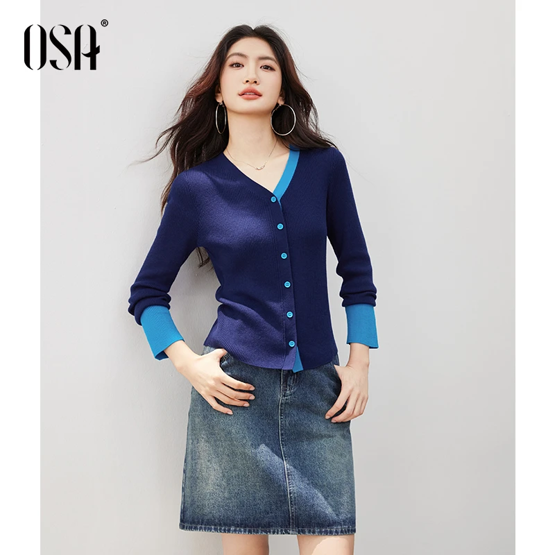 【高智风】OSA/欧莎 复古撞色V领女秋通勤百搭毛织衫上衣S125C16008