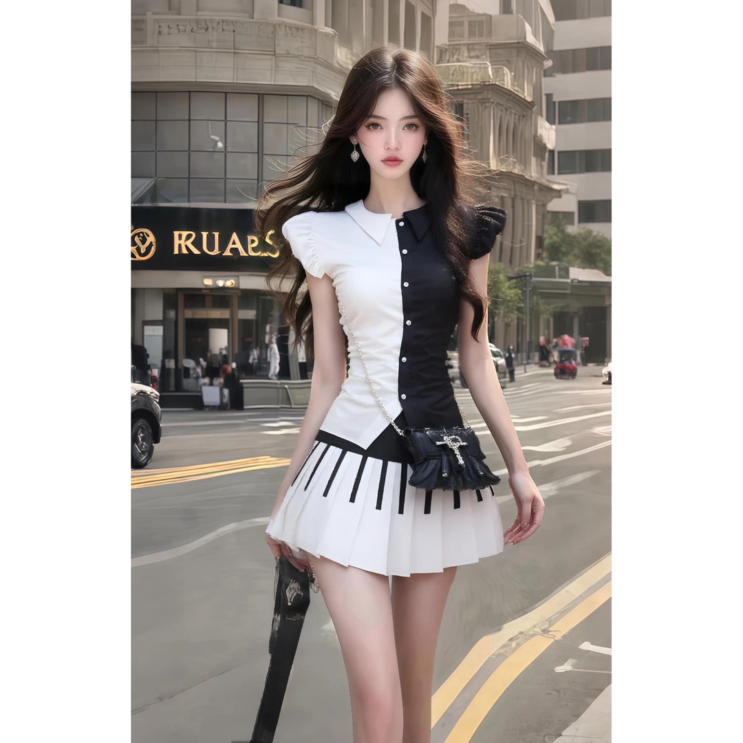 2025夏季新款黑白撞色单排扣设计修身套装女时尚气质显瘦高级感