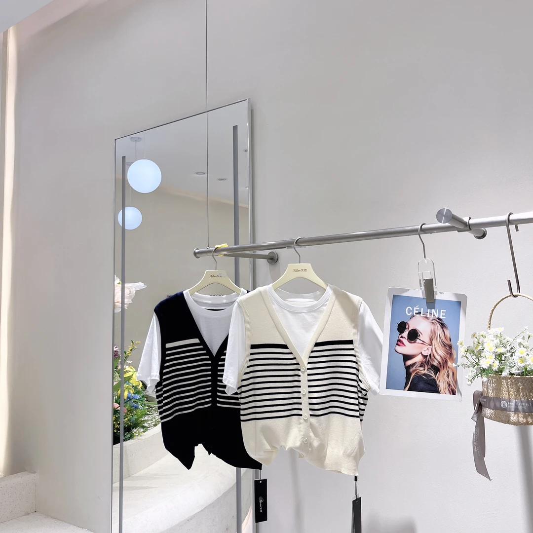 艾然夏款上新假两件条纹T恤百搭时尚款8358拼接