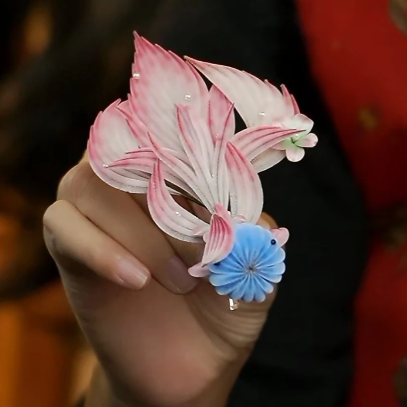 金鱼细绒夹子款条南京绒花非遗绒花