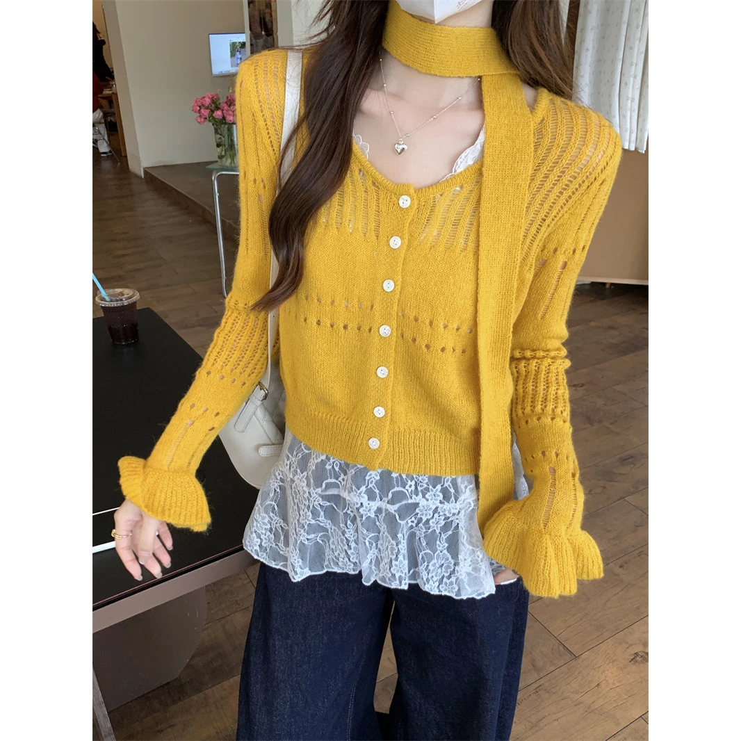 【配飘带】黄色多巴胺镂空短款毛衣针织开衫早秋新款长袖女上衣