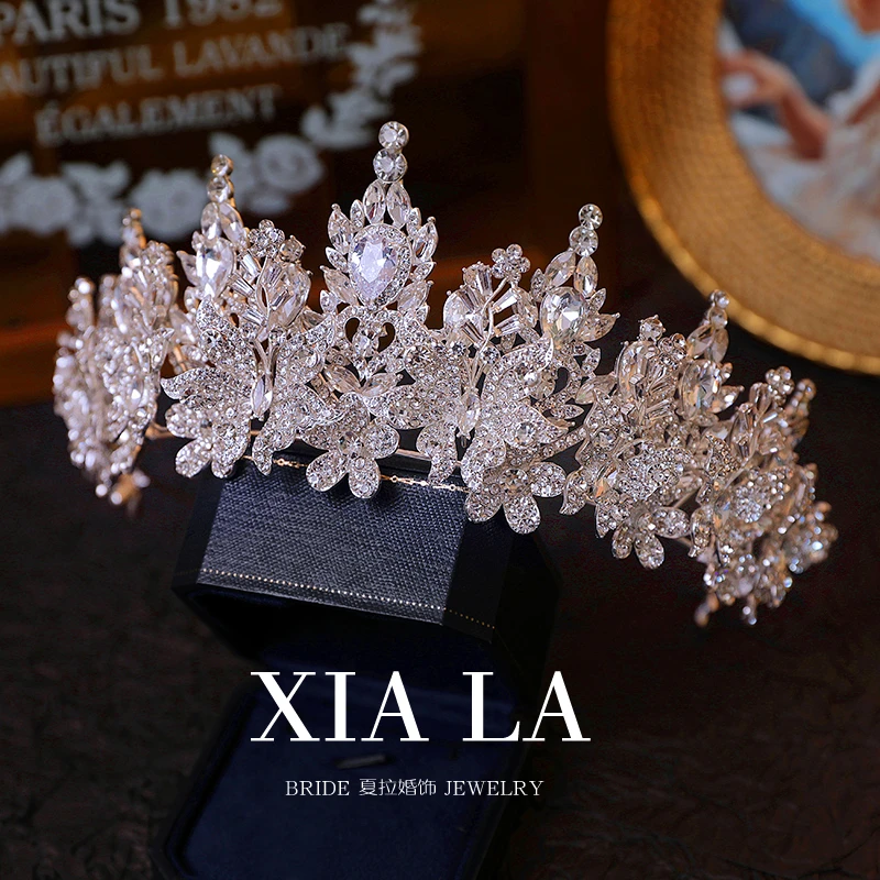 夏拉新款奢华立体蝴蝶花朵闪钻新娘皇冠婚礼女神王冠欧式公主头冠