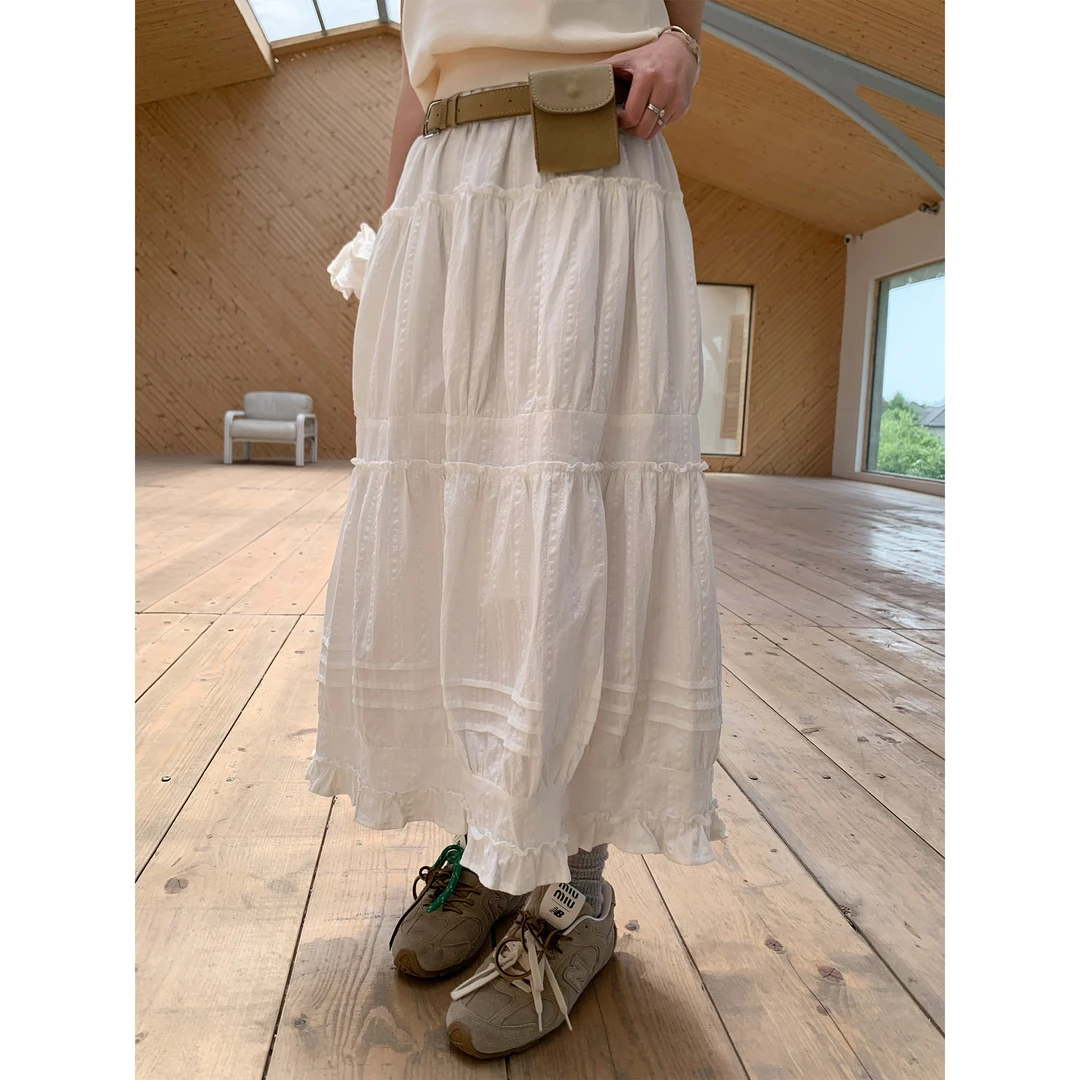 ANA 韩国设计师 纯棉蕾丝蛋糕半身裙复古简约半松紧腰内衬防走光