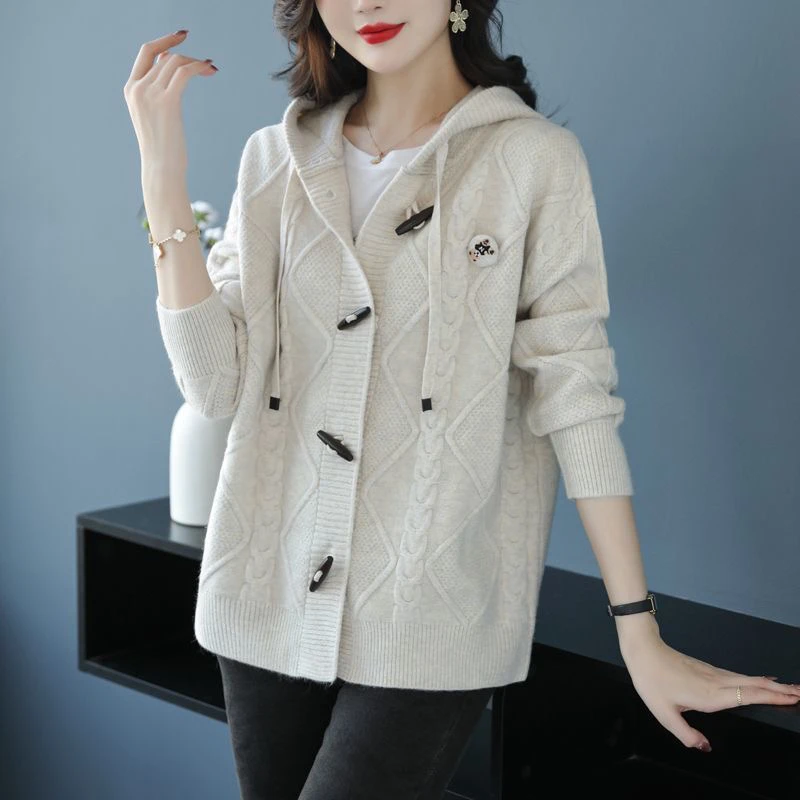 女秋季常规宽松连帽提花毛针织衫针织衫女装休闲时尚上衣百搭洋气