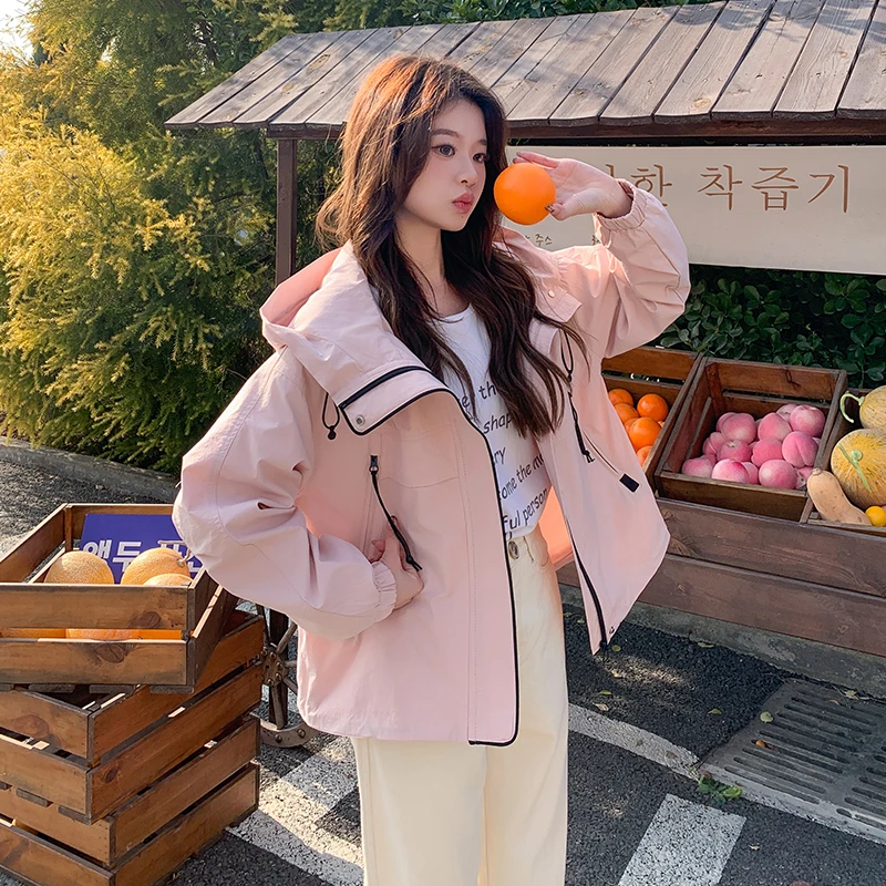 甜美粉色短款连帽风衣外套女2025春季新款小个子宽松休闲韩版上衣