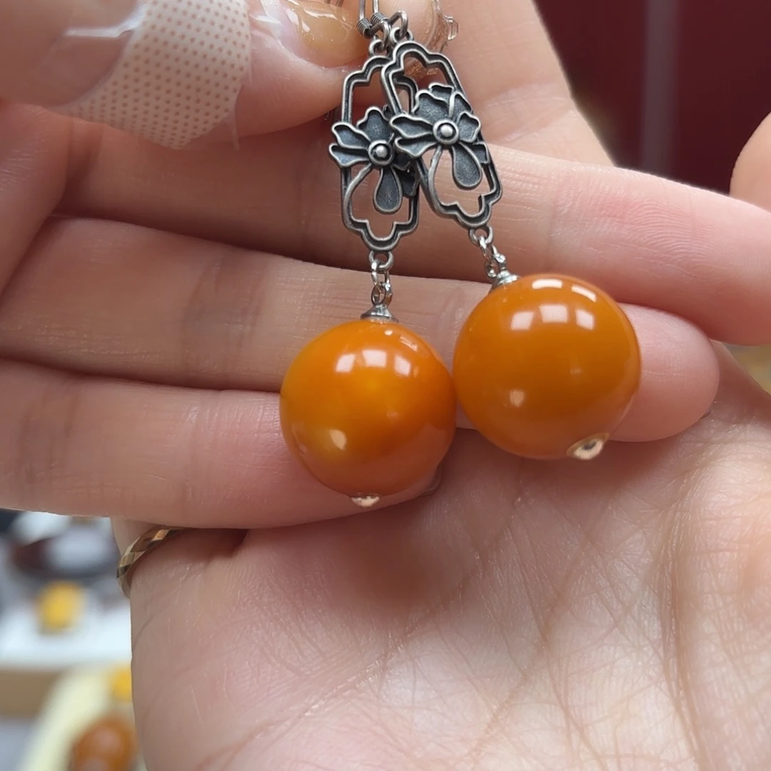 琥珀裸石银S925镶嵌13耳坠