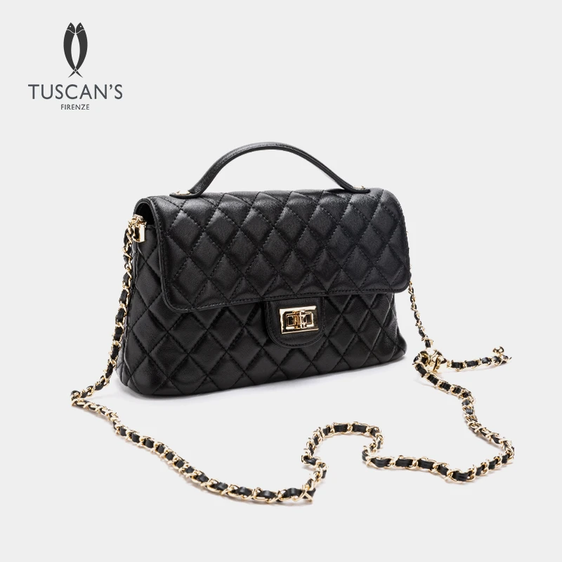 TUSCAN'S羊皮小香风时尚黑色菱格包经典单肩包女士金球链条手提包
