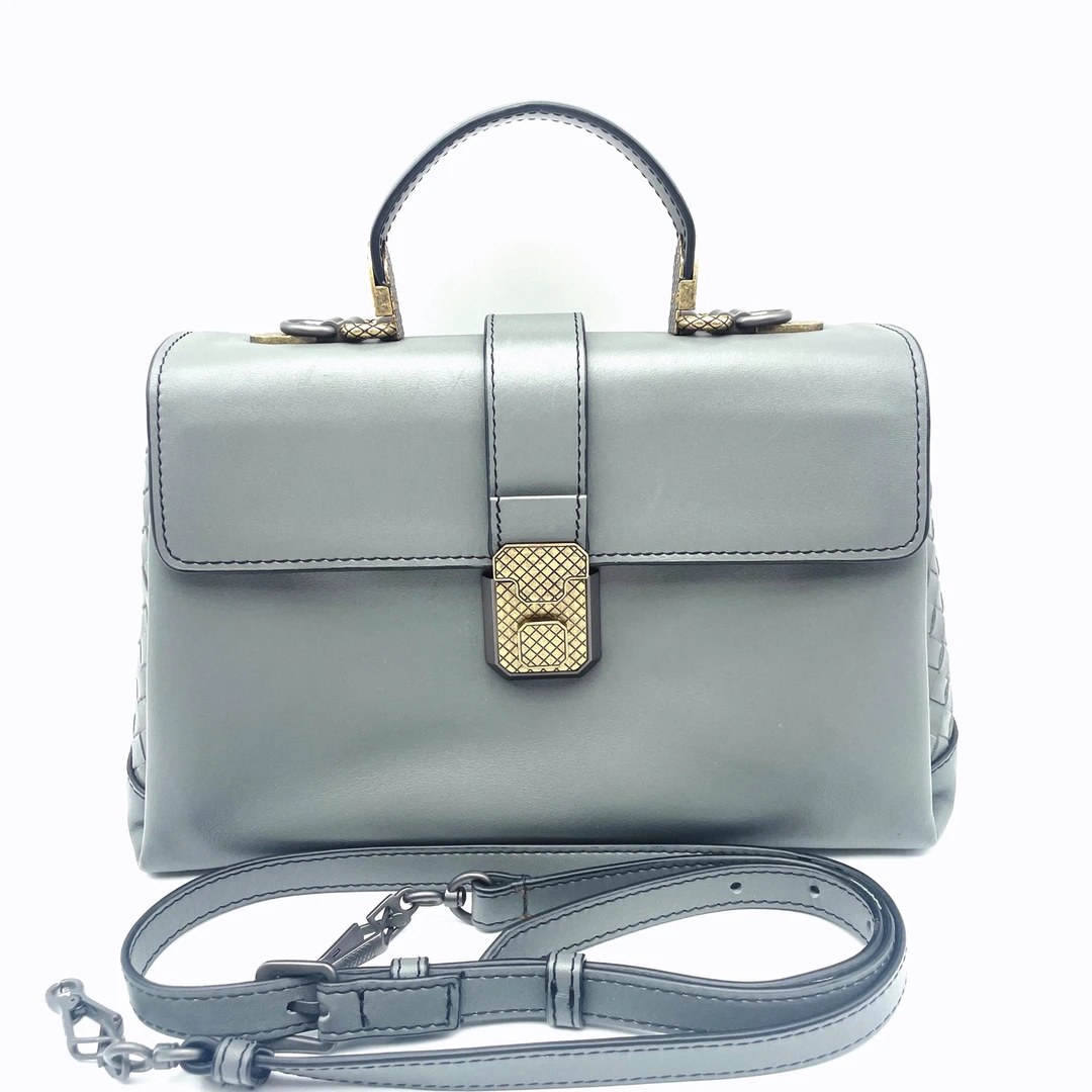 95新 BOTTEGA VENETA/葆蝶家 灰色全皮编织Piazza邮差包小号单肩