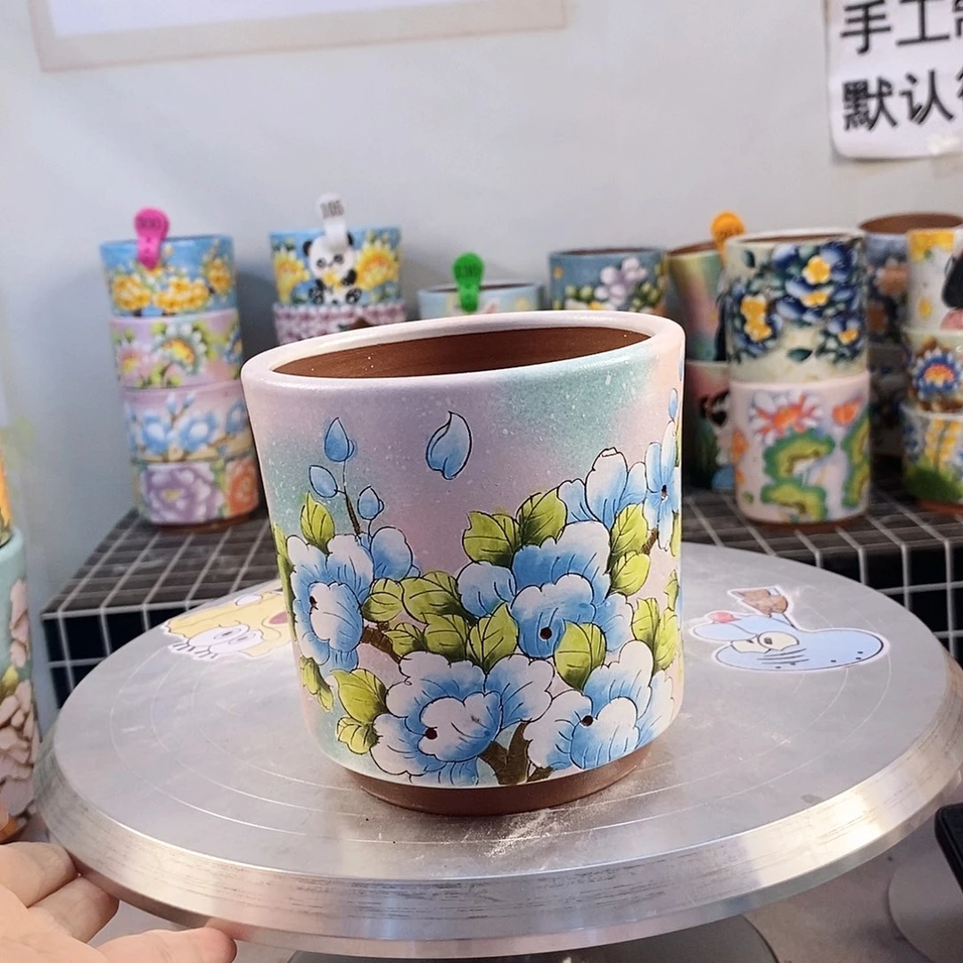小***子紫砂花盆红陶手绘花盆