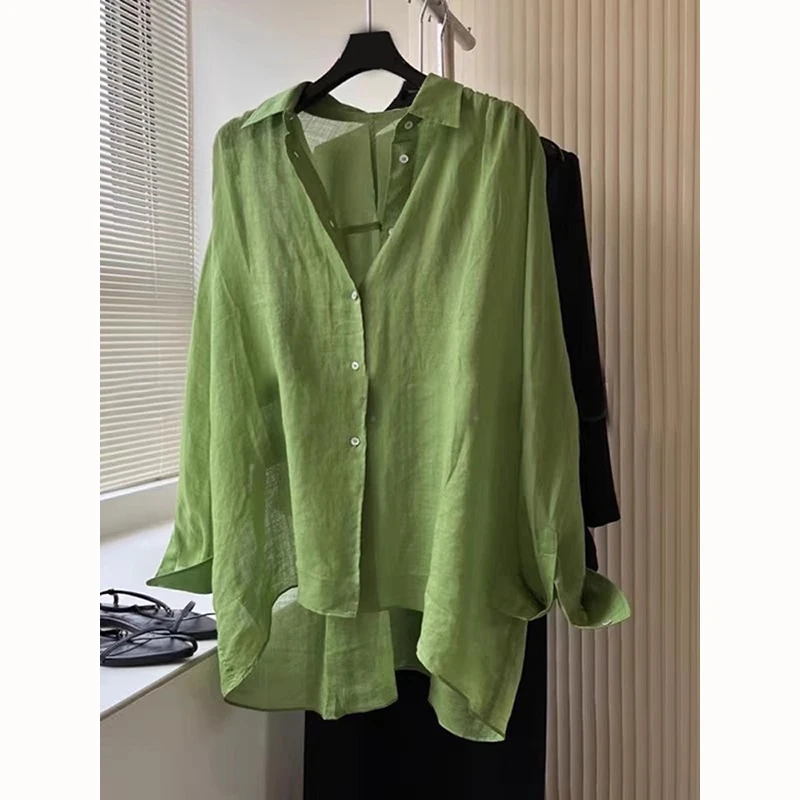 洋气衣服女法式高级感绿色衬衫女夏季薄款宽松慵懒衬衣防晒上衣